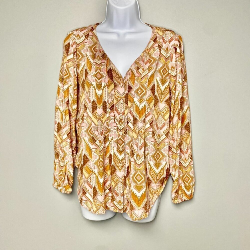 J. Jill Pleated‎ Pink Abstract Print Button Up Long Sleeve V-Neck Top Size SP